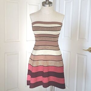 WOW COUTURE Metallic Knit Strapless Dress Gold Pink Burgundy Striped SMALL